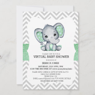 Virtual Green Elephant Chevron Glitter Baby Shower Invitation