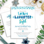 Virtual Hanukkah Party Fun Latkes Laughter Light Invitation Postcard<br><div class="desc">“Latkes, laughter & light.” Just because there’s a pandemic doesn’t mean you still can’t get together for Hanukkah. Fun whimsical handcrafted typography along with a random Star of David pattern in dusty blue, turquoise and teal help you usher in the holiday party season. Celebrate with family and friends online while...</div>