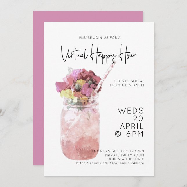 Virtual Happy Hour Party Bright Pink Invitation (Front/Back)