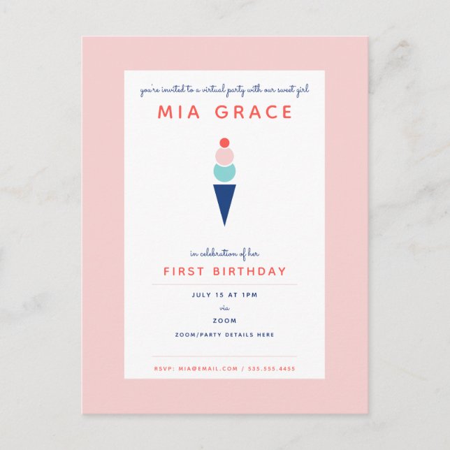 Virtual Kids Birthday Ice Cream Modern Party Postcard (Front)