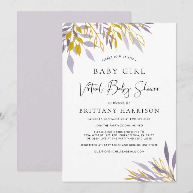 Virtual Lavender Gold Floral Baby Girl Shower Invitation (Front/Back)