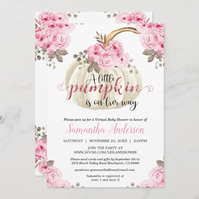 Virtual Little Pumpkin Pink Floral Baby Shower Invitation (Front/Back)