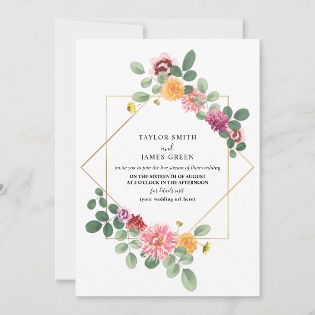 Virtual Live Stream Wedding Geometric Boho Floral Invitation (Front)