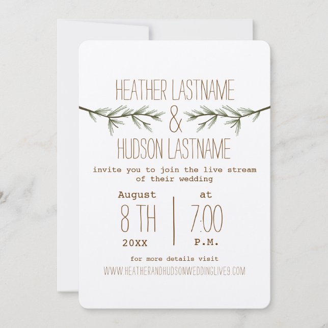 Virtual Live Stream Wedding Rustic Evergreen Trees Invitation (Front)