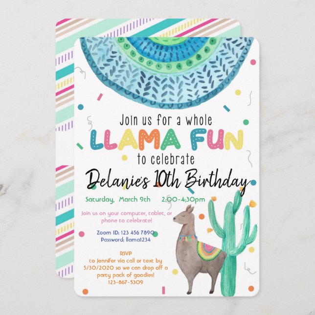 Virtual Llama Theme Birthday Party Invitation (Front/Back)