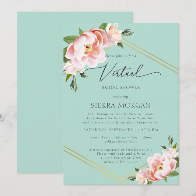 Virtual Mint Green Blush Floral Gold Bridal Shower Invitation (Front/Back)