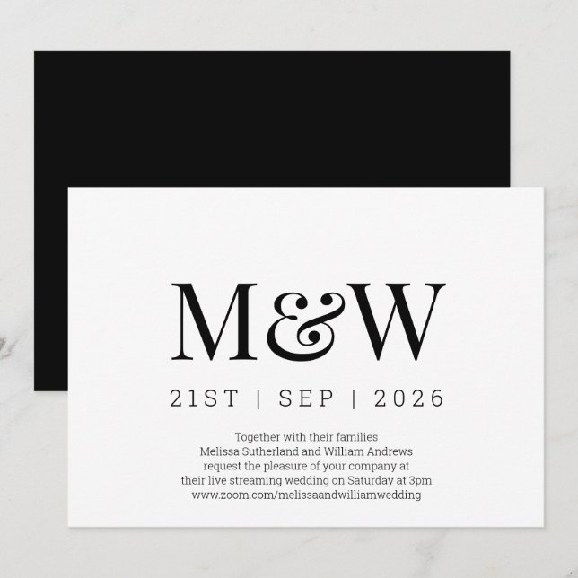 Virtual Modern Black White Monogram Wedding Invitation (Front/Back)