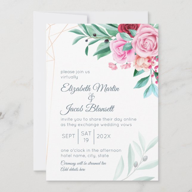 Virtual Modern Floral Wedding Roses & Eucalyptus Invitation (Front)