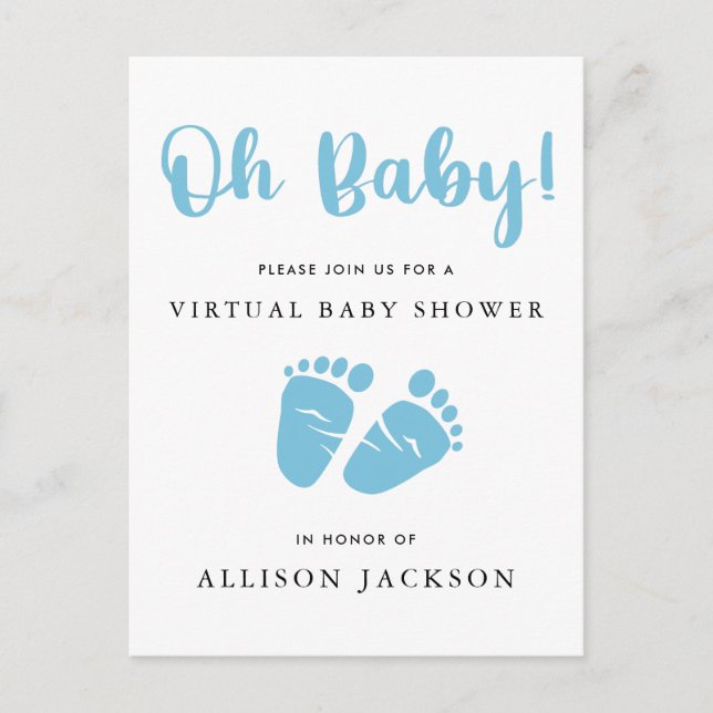Virtual Oh Baby Blue Baby Feet Baby Boy Shower Invitation Postcard (Front)