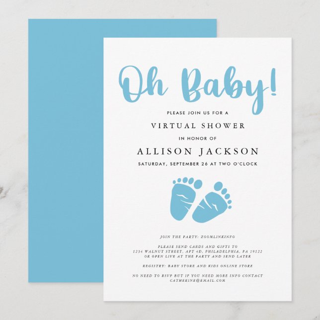 Virtual Oh Baby Boy Shower | Blue Baby Feet Simple Invitation (Front/Back)