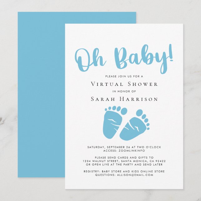 Virtual Oh Baby Boy Shower Blue Feet Invitation (Front/Back)