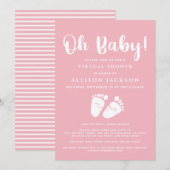 Virtual Oh Baby Girl Shower Baby Feet Pink White Invitation (Front/Back)