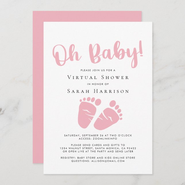 Virtual Oh Baby Girl Shower Pink Feet Invitation (Front/Back)