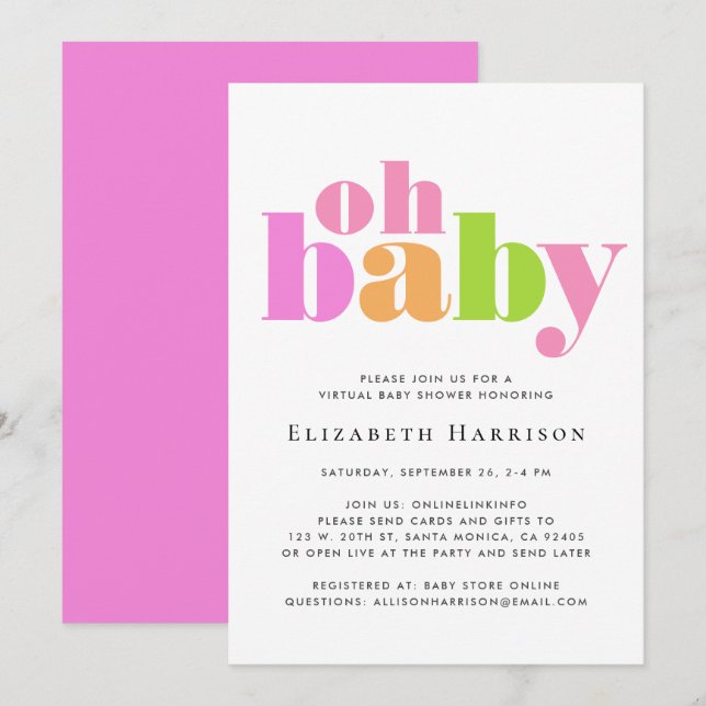 Virtual Oh Baby Girl Shower Pink Invitation (Front/Back)