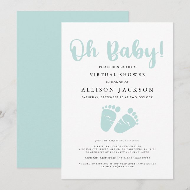 Virtual Oh Baby Shower Light Mint Green Baby Feet Invitation (Front/Back)