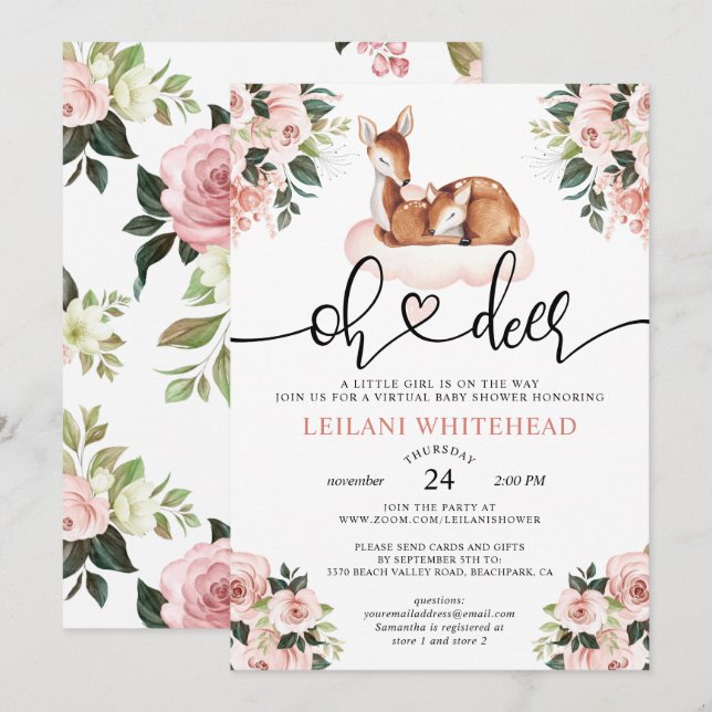 Virtual Oh Deer Baby Shower Watercolor Floral Invitation (Front/Back)