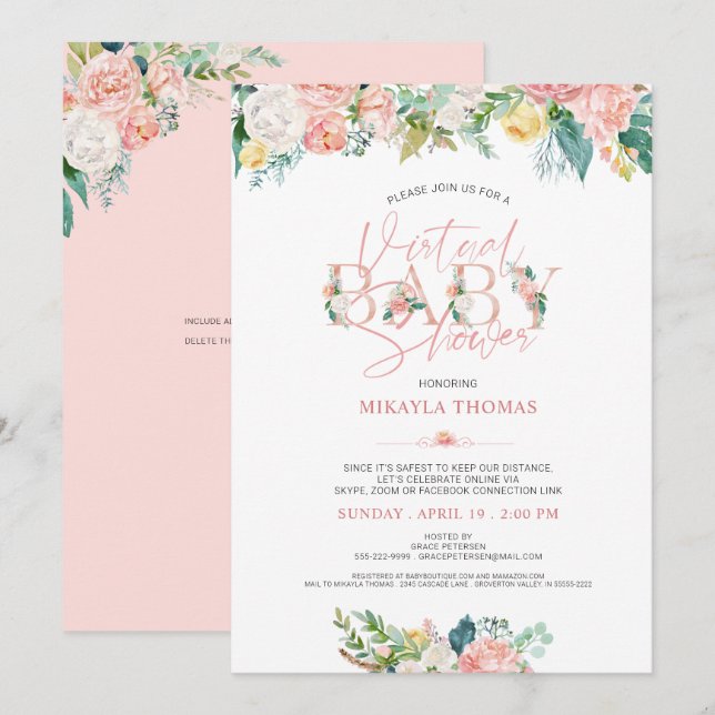 Virtual Online Baby Shower Rose Gold Pink Floral Invitation (Front/Back)