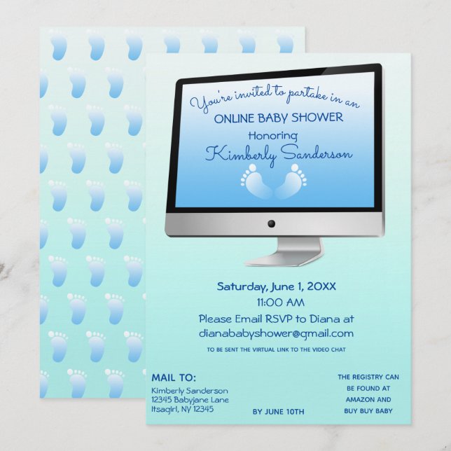 Virtual Online Long Distance Shower Baby Boy Feet Invitation (Front/Back)