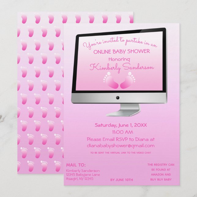 Virtual Online Long Distance Shower Baby Girl Feet Invitation (Front/Back)