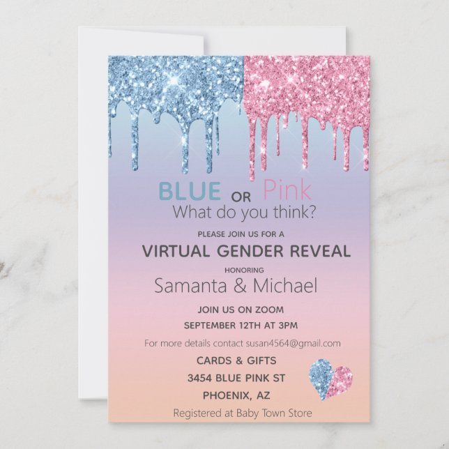Virtual Pink Blue Glitter Drips Gender Reveal Gift Invitation (Front)