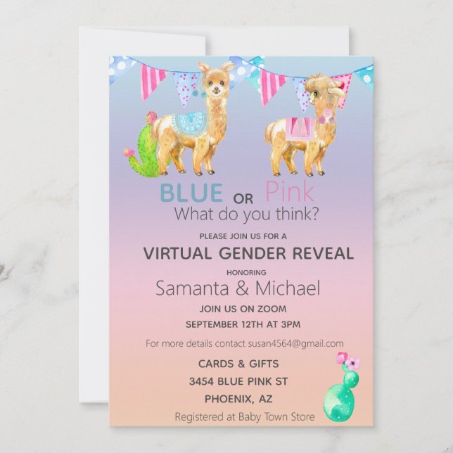 Virtual Pink Blue Llama Watercolor Gender Reveal Invitation (Front)