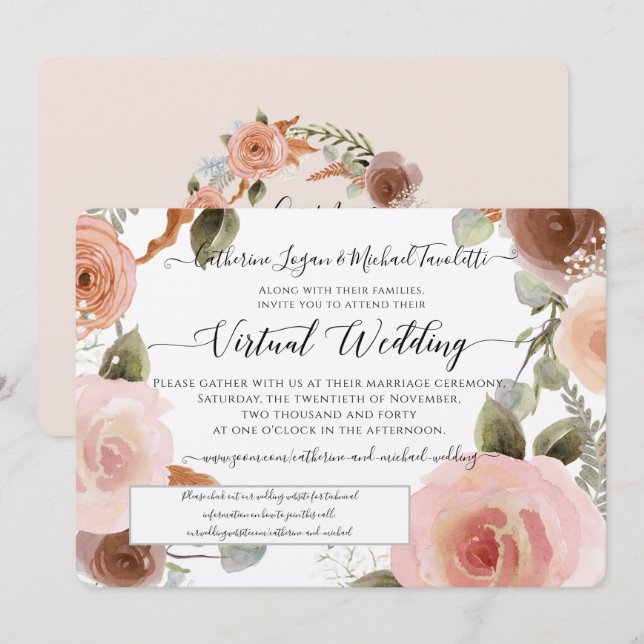 Virtual Pink Floral Watercolor Wreath Wedding Invitation (Front/Back)