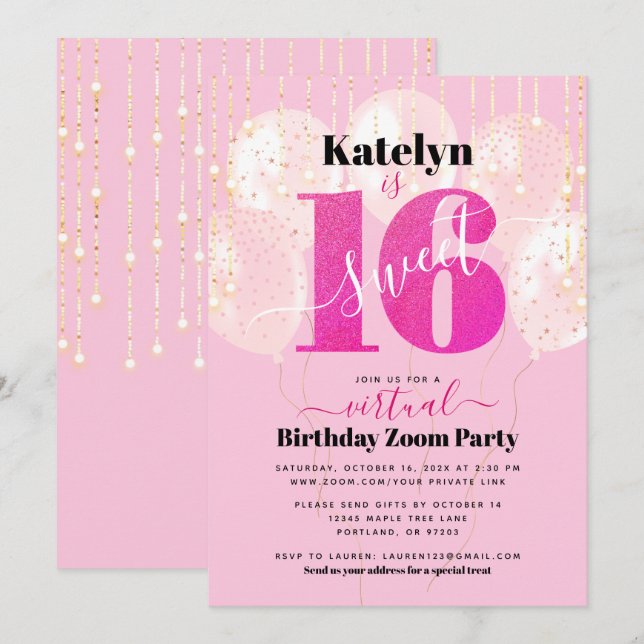 Virtual Pink Glitter Sweet 16 Birthday Balloons Invitation (Front/Back)