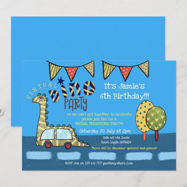 Virtual Prehistoric Dinosaur Boys Birthday Party Invitation (Front/Back)