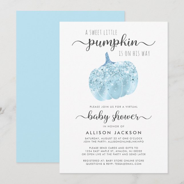 Virtual Pumpkin Blue Glitter Sparkle Baby Shower Invitation (Front/Back)