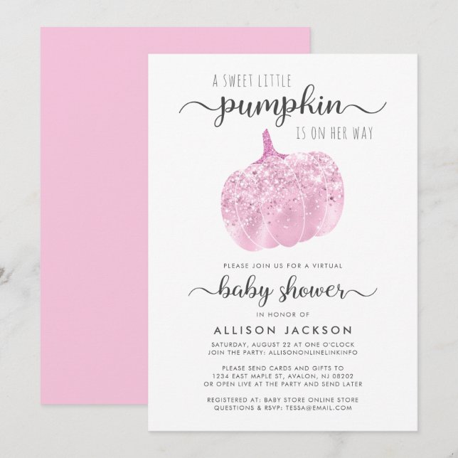 Virtual Pumpkin Pink Glitter Sparkle Baby Shower Invitation (Front/Back)