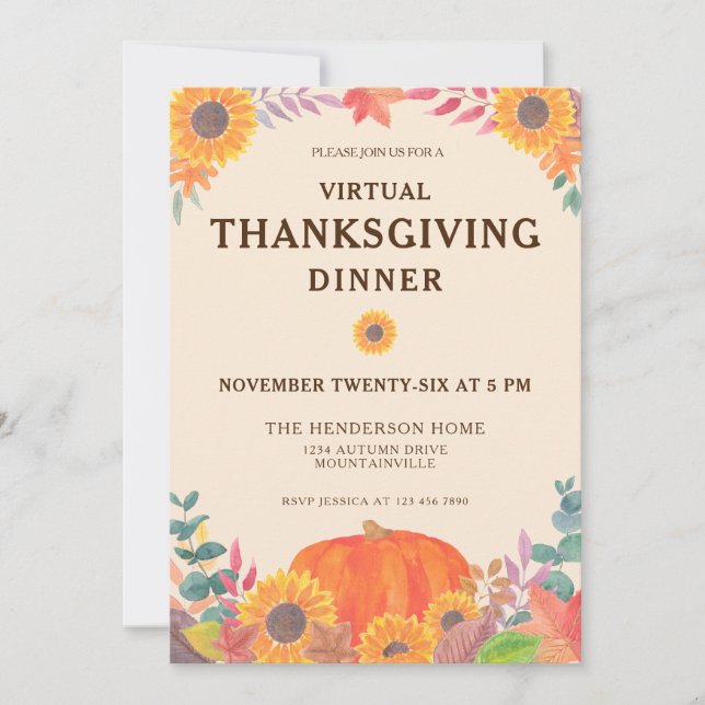 Virtual Pumpkin Sunflowers Thanksgiving Dinner Invitation (Front)