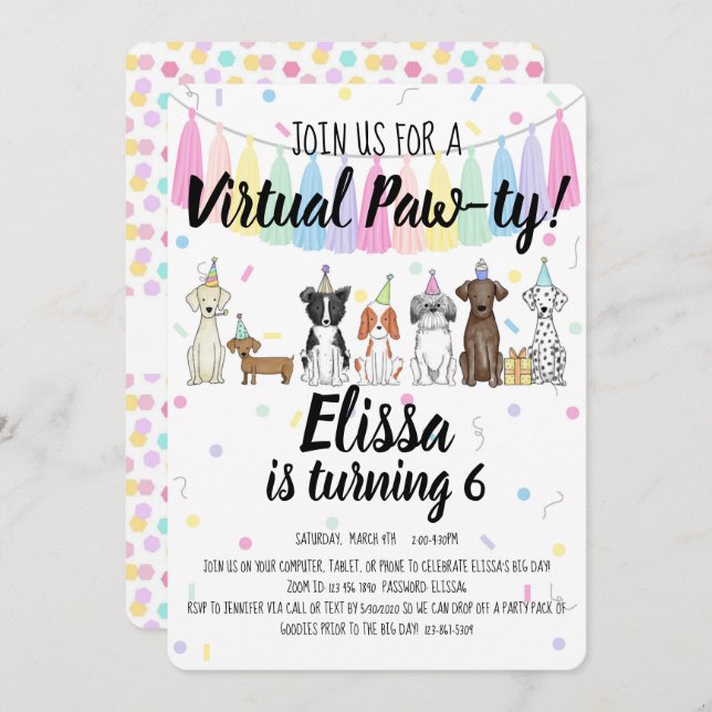 Virtual Puppy Dog Girl Birthday Pawty Invitation (Front/Back)