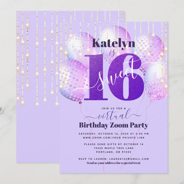 Virtual Purple Glitter Sweet 16 Birthday Balloons Invitation (Front/Back)