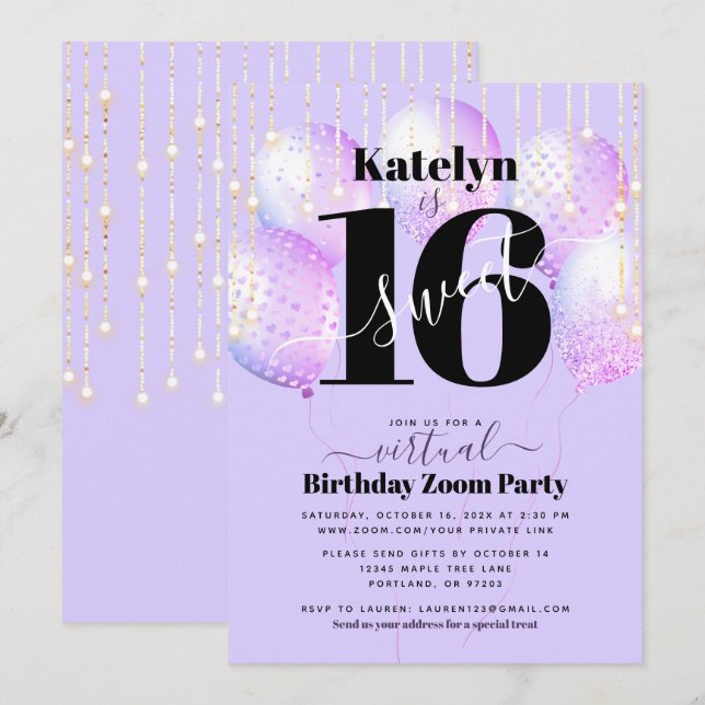 Virtual Purple Sweet 16 Birthday Girly Balloons Invitation (Front/Back)
