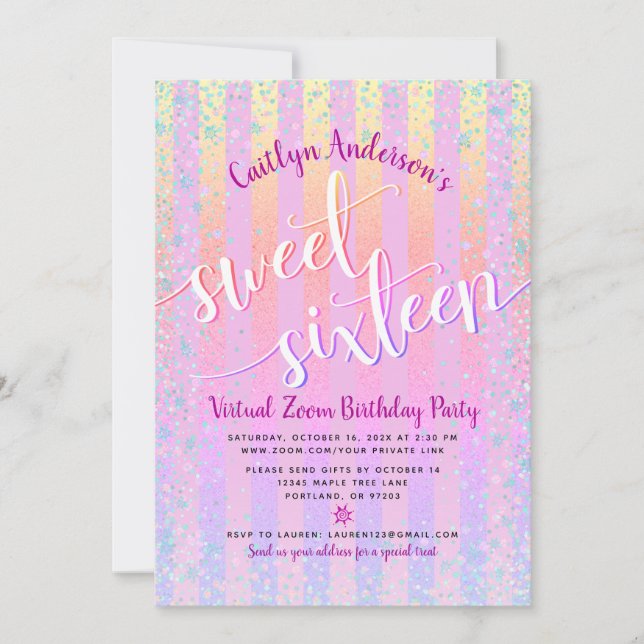 Virtual Rainbow Ombre Sweet Sixteen Birthday Girly Invitation (Front)