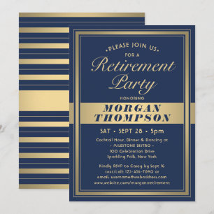Virtual Retirement Party Navy Blue White and Gold Invitation