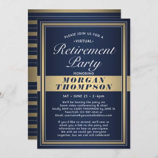 Virtual Retirement Party Navy Blue White and Gold Invitation (Front/Back)