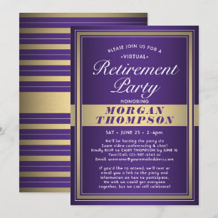 Virtual Retirement Party Purple White and Gold Invitation