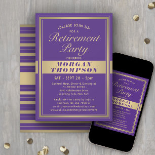 Virtual Retirement Party Purple White and Gold Invitation