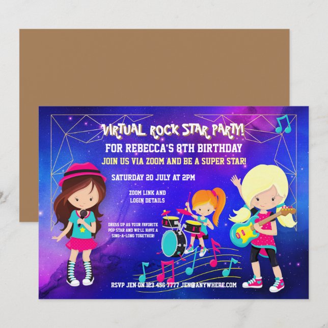 Virtual Rock Pop Star Birthday Party Invitation (Front/Back)