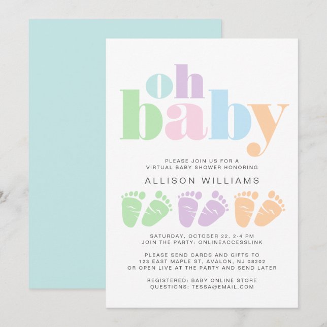 Virtual Shower Baby Feet Pastel Modern Typography Invitation (Front/Back)