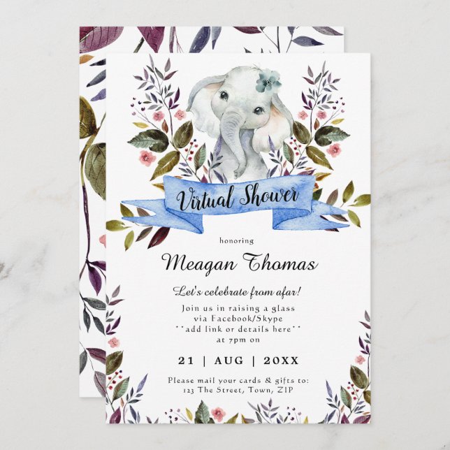 virtual shower new plans elephant blue baby shower invitation (Front/Back)