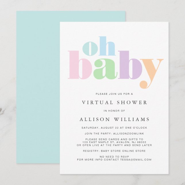 Virtual Shower Oh Baby Pastel Modern Typography Invitation (Front/Back)