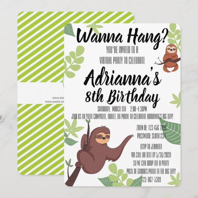 Virtual Sloth - Wanna Hang? Theme Birthday Party Invitation (Front/Back)