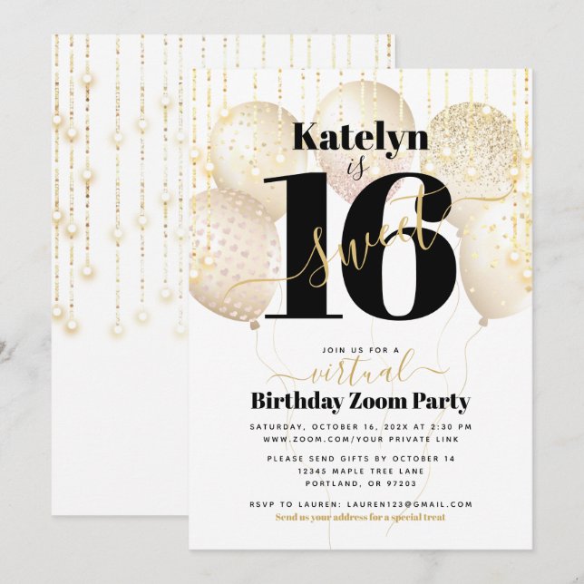 Virtual Sweet 16 Birthday Girly Glam Gold Balloons Invitation (Front/Back)