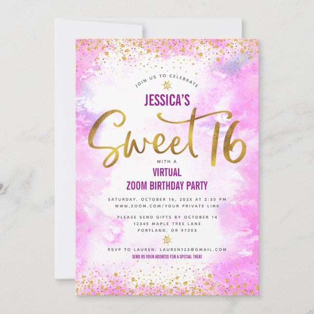 Virtual Sweet 16 Pink Watercolor Gold Birthday Invitation (Front)