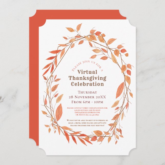 Virtual Thanksgiving Autumn Leaf Geometric Frame Invitation (Front/Back)