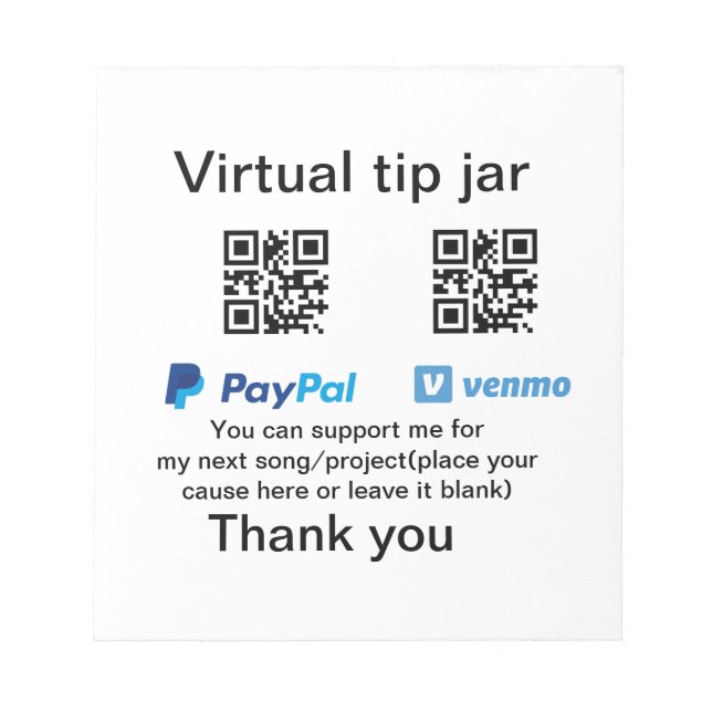 Virtual tip jar q r code money donation PayPal ven Notepad (Front)