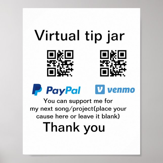 Virtual tip jar q r code money donation PayPal ven Poster (Front)