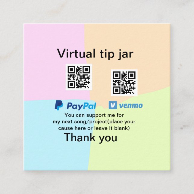 Virtual tip jar q r code money donation PayPal ven Square Business Card (Front)